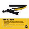 Black Beard Ferro Rod fire starter with black handle and yellow-black paracord, shown with yellow product card