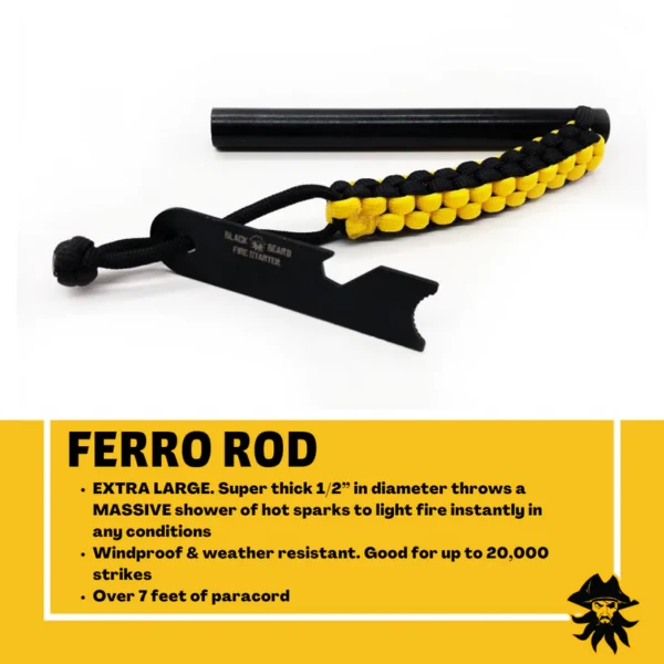 Black Beard Ferro Rod fire starter with black handle and yellow-black paracord, shown with yellow product card