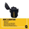 Black Beard Arc Lighter with open lid showing dual arc electrodes, shown with yellow product card