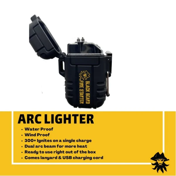 Black Beard Arc Lighter with open lid showing dual arc electrodes, shown with yellow product card
