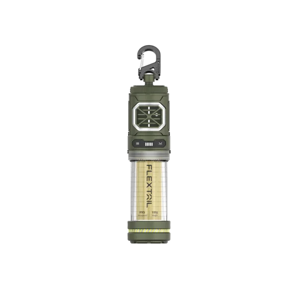 TINY REPELLER S portable mosquito repellent device in olive green with hook, shown on transparent background