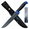 Dark Water fixed blade knife with black handle, blue accents and sheath