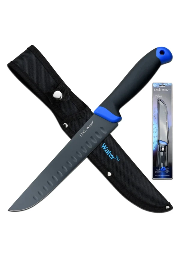 Dark Water fixed blade knife with black handle, blue accents and sheath