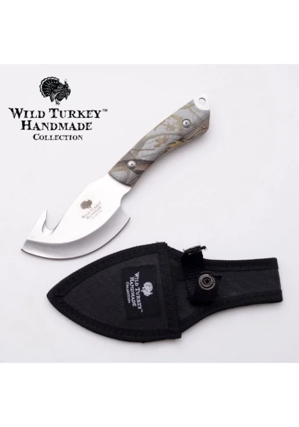 Wild Turkey fixed blade knife with camo handle, drop point blade and black nylon sheath