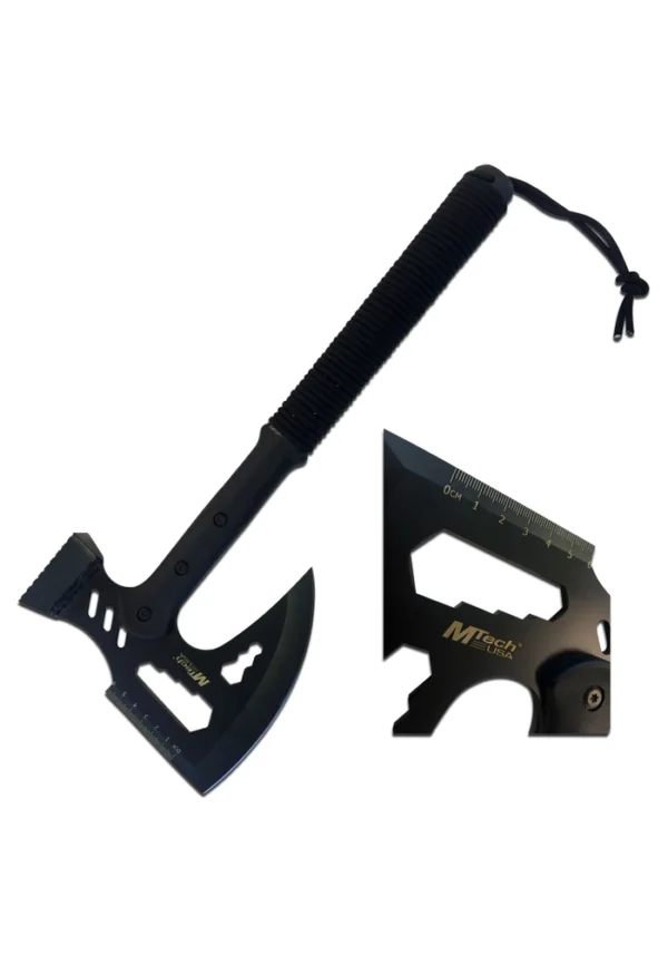 Black MTech USA tactical tomahawk axe with cord-wrapped handle and lanyard