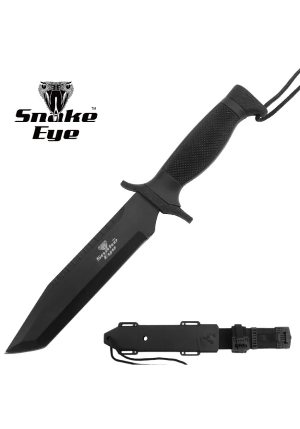 Snake Eye fixed blade knife with black tanto blade, nylon fiber handle and sheath