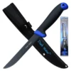 Dark Water fixed blade fillet knife with black handle and blue-accented sheath