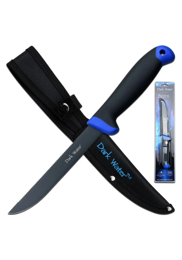 Dark Water fixed blade fillet knife with black handle and blue-accented sheath