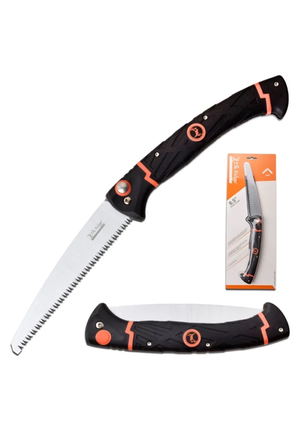 Elk Ridge folding saw open and closed with sheath