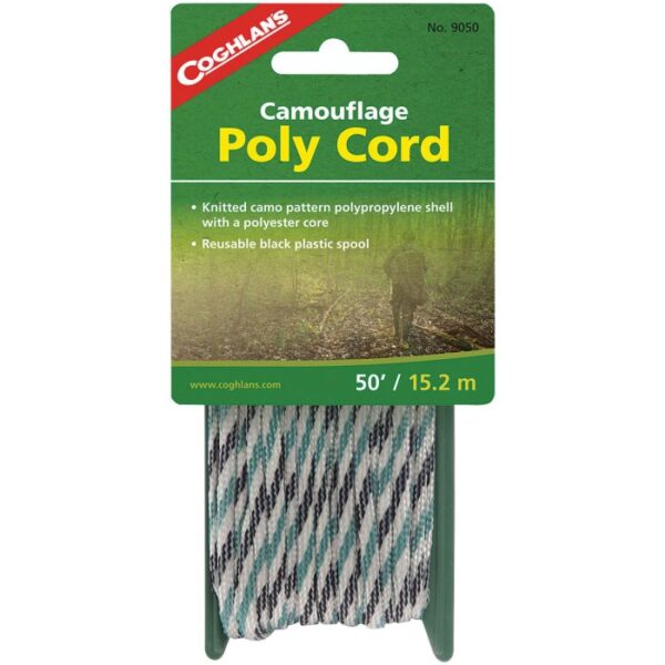 Coghlan's Camouflage Poly Cord spool on green retail hang card