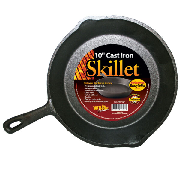 Pre-seasoned 10 inch black cast iron skillet with product label