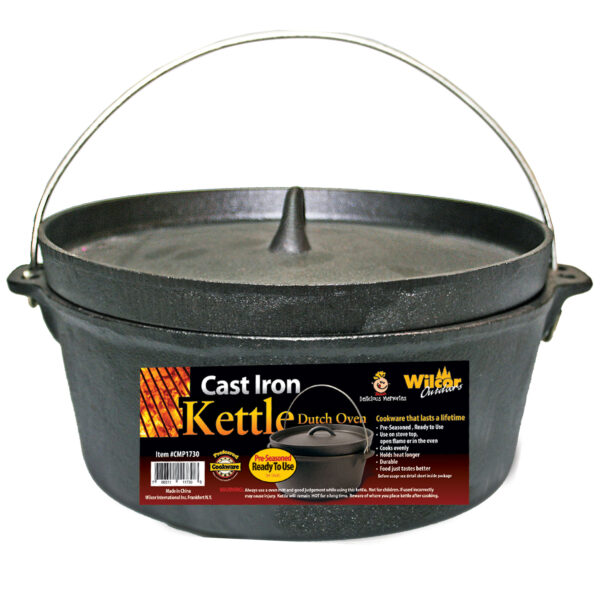 Black pre-seasoned cast iron Dutch oven with lid and bail handle