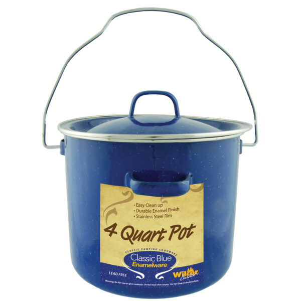 Blue speckled enamel 4 quart stock pot with lid and metal bail handle