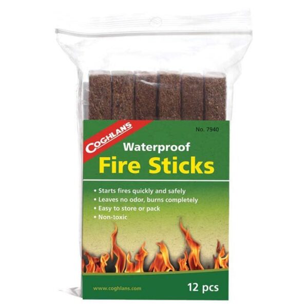 Bag of Coghlan's waterproof fire sticks 12-pack with green flame label