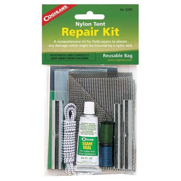 Coghlan's Nylon Tent Repair Kit package with mesh patches, seam seal, and thread