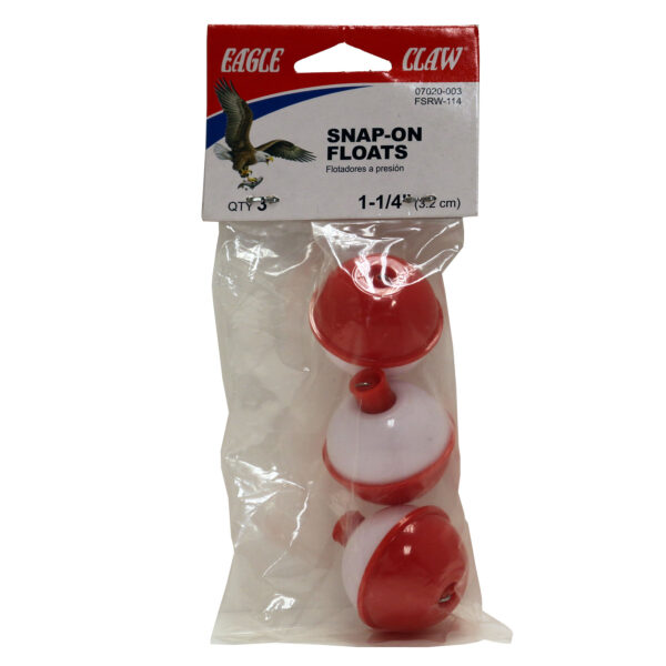 Eagle Claw snap-on fishing floats 3-pack in retail packaging, 1.25 inch red snap-on float