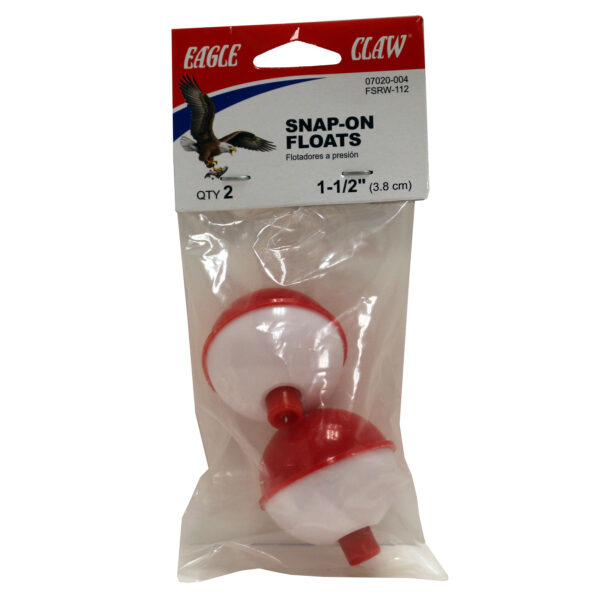 Eagle Claw snap-on fishing floats 2-pack in retail packaging, 1.5 inch red and white snap-on floats