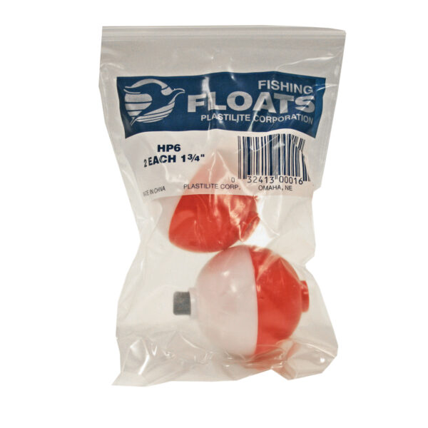 Plastilite fishing floats package, 2 pack of 1-3/4 inch floats, red bobbers in clear resealable bag with blue label