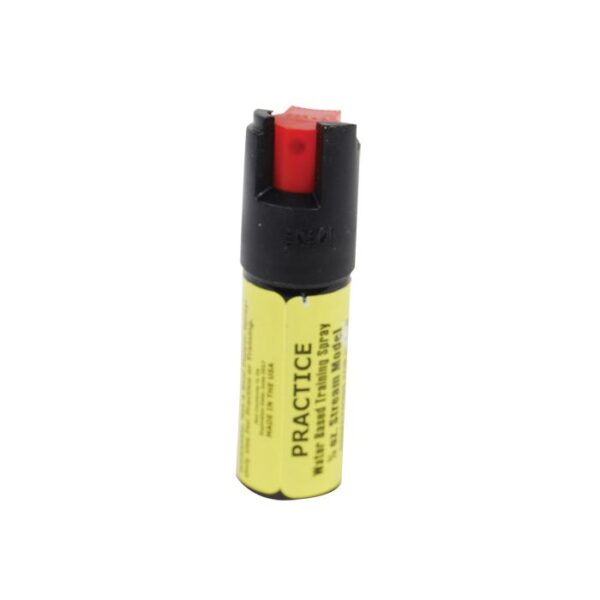 Practice water-based training spray canister, 1/2 oz stream model with red actuator on black top