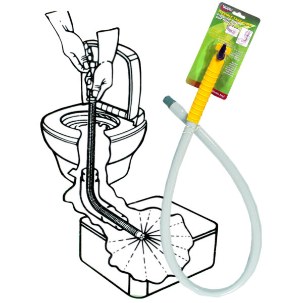 Yellow flexible tank wand in retail packaging beside illustration of use in an RV toilet