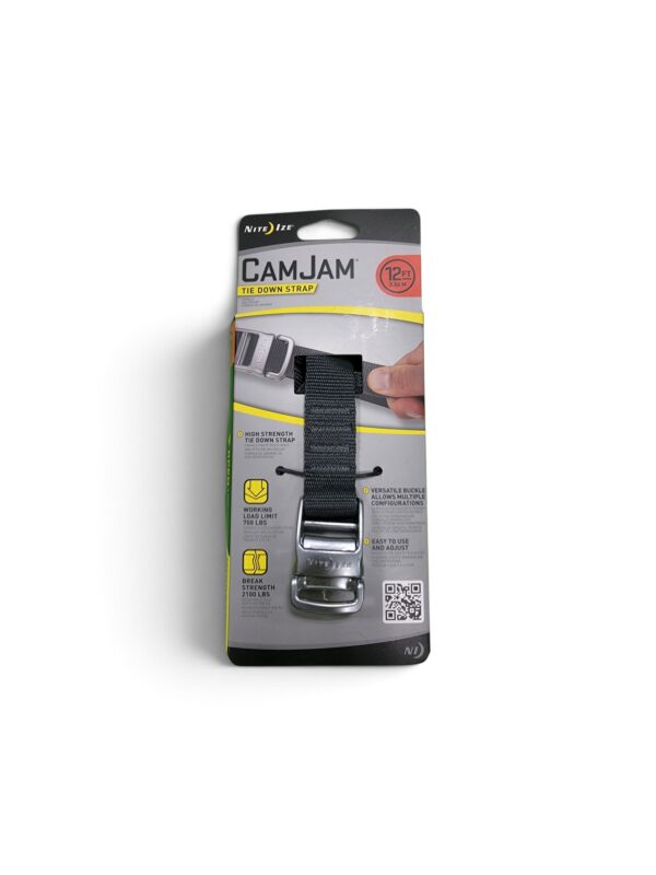 Nite Ize CamJam tie down strap in retail packaging showing black webbing strap and metal cam buckle