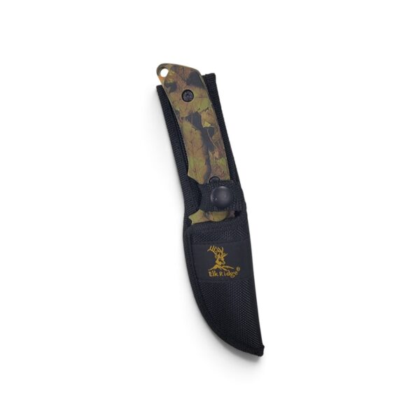Elk Ridge fixed blade knife in black nylon sheath, camo handle