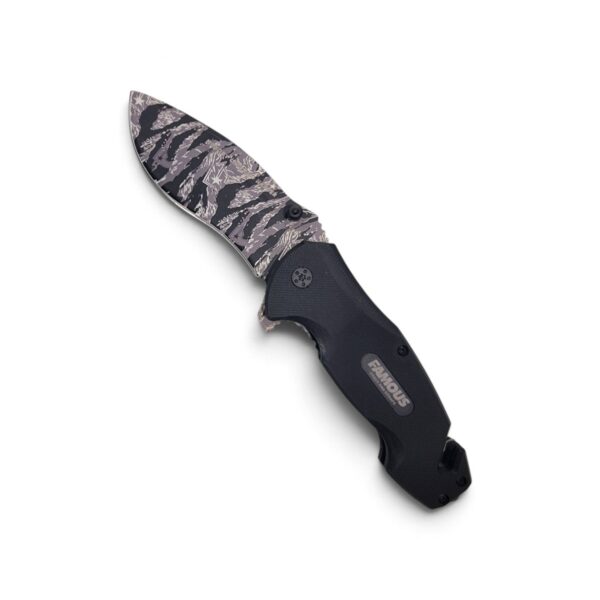 Famous Go Harder rescue folding knife with tiger-stripe black camo blade