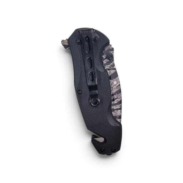 Famous Go Harder rescue folding knife with tiger-stripe black camo blade