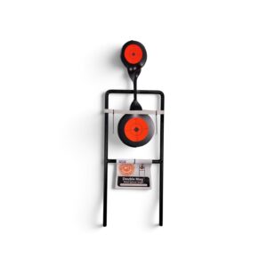 Birchwood Casey Double Mag metal spinner target with two orange paddles on a ground stand.