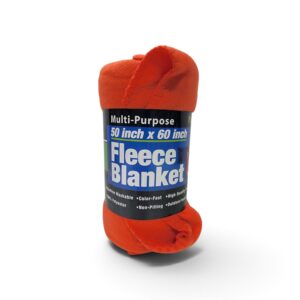 Blaze orange multi-purpose fleece blanket, 50 inches by 60 inches, in packaging