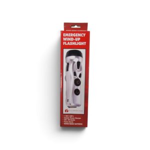 Guardian emergency wind-up flashlight box, front, side and back