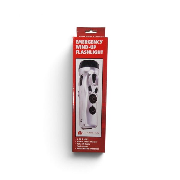Guardian emergency wind-up flashlight box, front, side and back