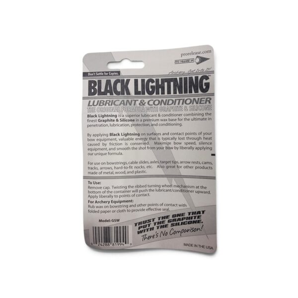 Black Lightning lubricant and string conditioner in packaging, front and back