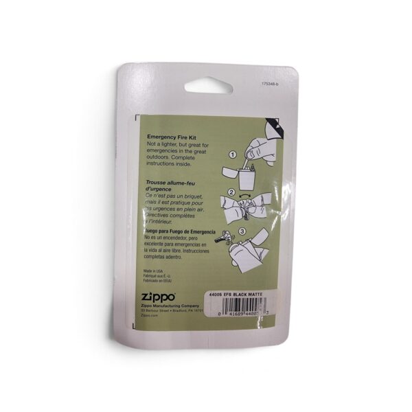 Zippo Outdoor Emergency Fire Kit in packaging, front and back