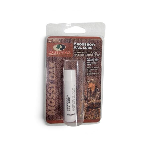 Mossy Oak crossbow rail lube in packaging, front and back