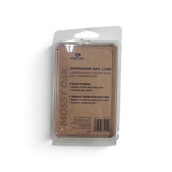 Mossy Oak crossbow rail lube in packaging, front and back