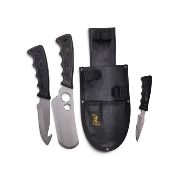 Elk Ridge 3-piece knife set laid out with sheath