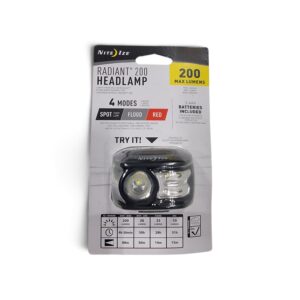 Nite Ize Radiant 200 headlamp in retail packaging, 200 max lumens, 4 modes.