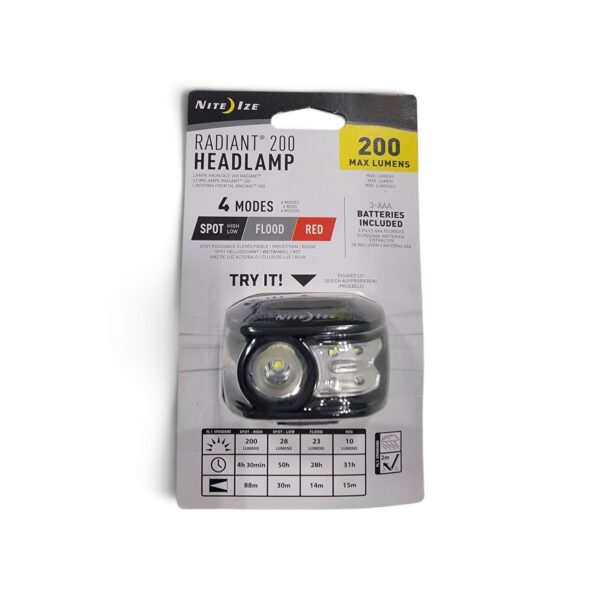 Nite Ize Radiant 200 headlamp in retail packaging, 200 max lumens, 4 modes.