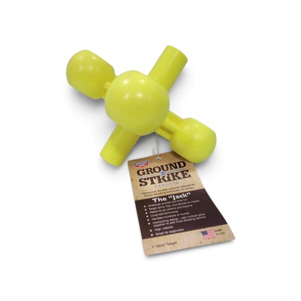 Birchwood Casey Ground Strike Jack target, yellow, side view, on white background.