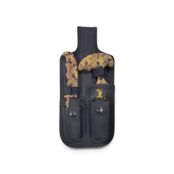 Elk Ridge field dressing kit in green camo, in sheath
