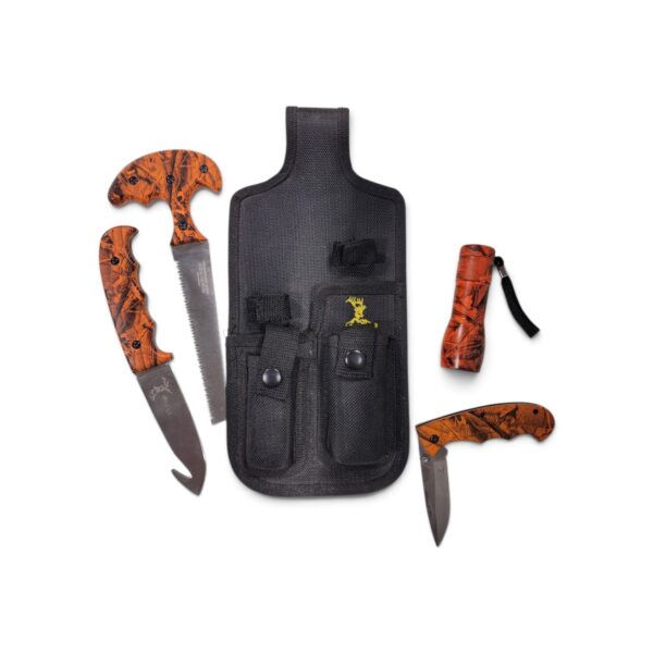 Elk Ridge field dressing kit in orange camo, laid out