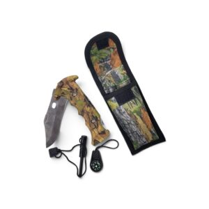 Elk Ridge camo folding knife with fire starter, compass, and sheath